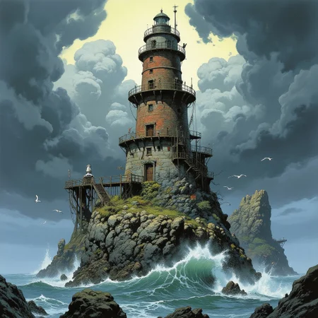 Comic book style 8k high quality digital painting , masterpiece, very detailed, ultra realistic, (best quality) very detailed epic masterpiece, a multi-tiered lighthouse built on a rugged, rocky island. The lighthouse is made of bricks and weathered stone, with multiple levels and a tall cylindrical tower topped by a small, dark lantern room. The structure is surrounded by a network of walkways and platforms, some of which extend out over the turbulent sea. A metal bridge connect the rock to the main land. The sky above is stormy, filled with thick, gray clouds that create a moody atmosphere. The ocean waves crash against the rocks and the lighthouse, with white foam and spray visible. Several seagulls are scattered throughout the scene. The overall composition creates a sense of solitude and stillness., big waves, dramatic dark sky, action, scary, best quality, epic scene, Dungeons and dragons atmosphere, heroic fantasy, fna_style, Comic book style