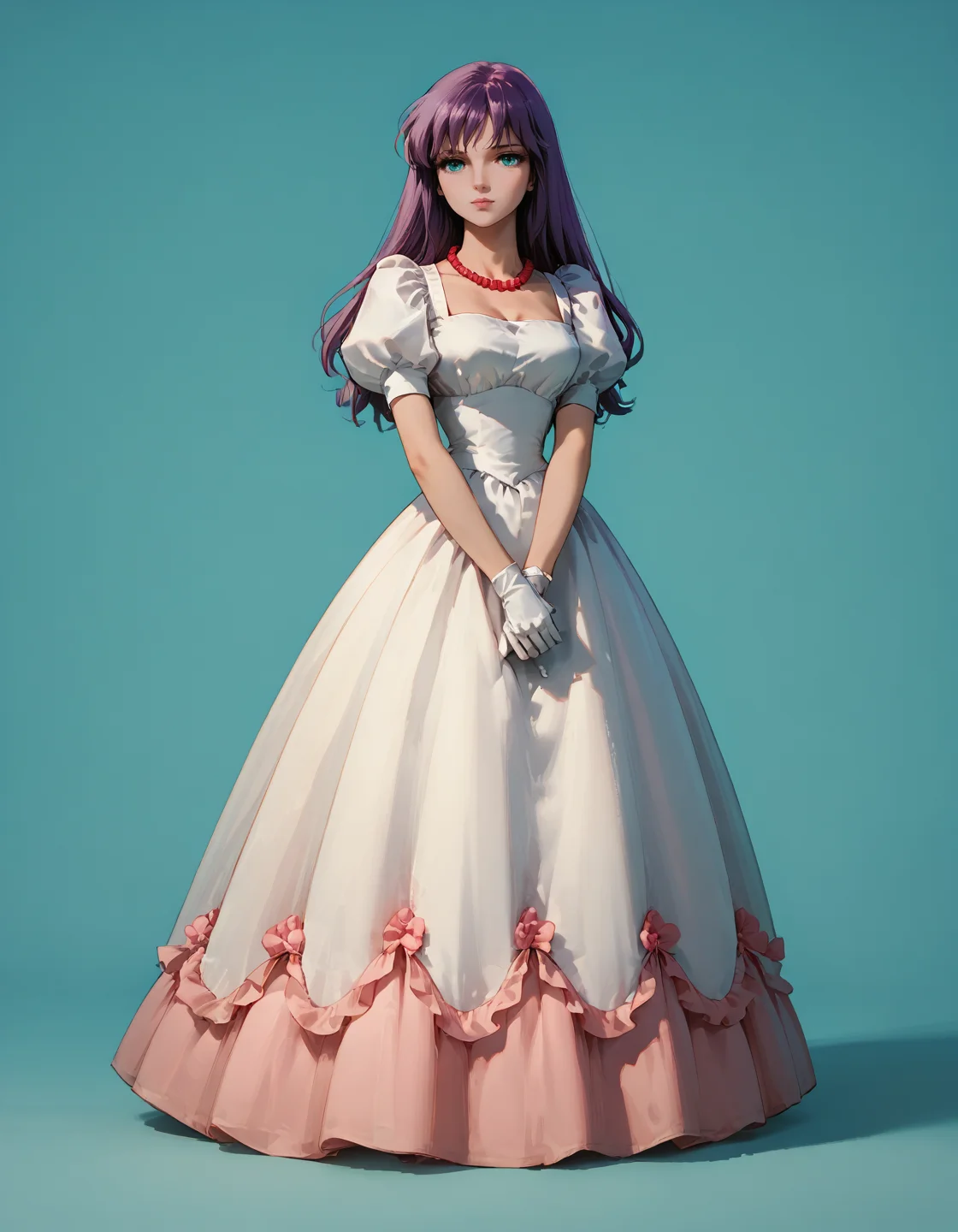 score_9, score_8_up, score_7_up,
<lora:SaoriKido_Pony_v21:0.8> athenakido, aqua eyes, purple hair, pink frills, puffy dress, pearl necklace, bangs, full body, gloves, v arms,
gradient background,