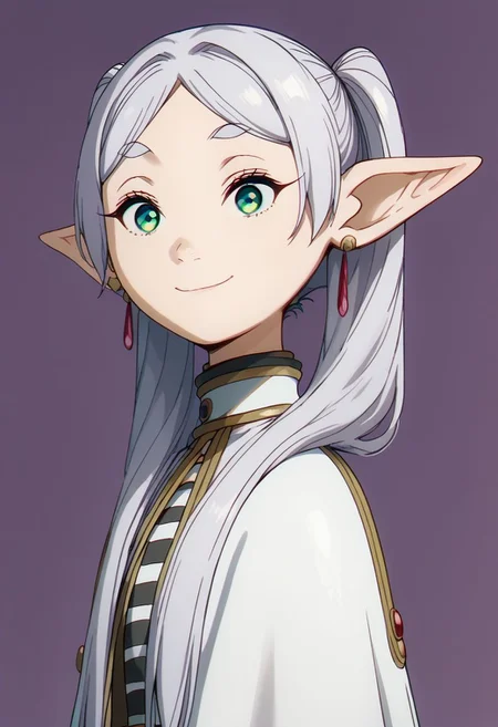 score_9, score_8_up, score_7_up, score_6_up,
zzFrieren, long hair, twintails, green eyes, grey hair, pointy ears, elf, shirt, long sleeves, jewelry, earrings, striped, capelet, striped shirt,
smile, head tilt, side view, (looking at viewer),
elf ears, cute face, ivory white skin like porcelain, soft eyes, purple background, SkinHairDetail, 3D
