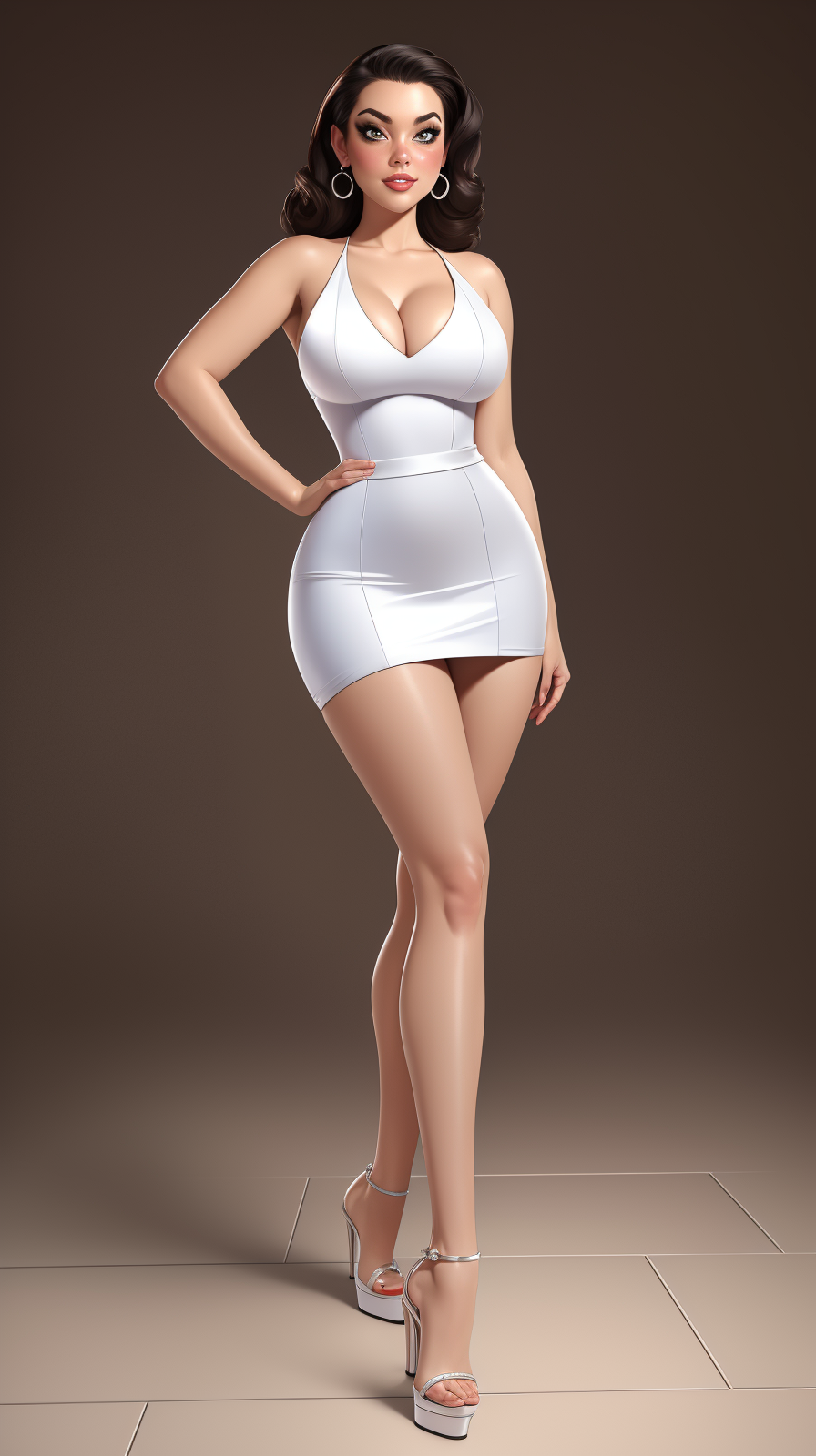 high detailed, masterpiece, illustration of woman in pearly white dress and high heel uplaced sandals, perfect hands, big breast, wide hips, thick thighs, posing sexy, looking at viewer, pin up pose, simple scene, shinny floor, <lora:Ch4v3zStyle:0.7>
