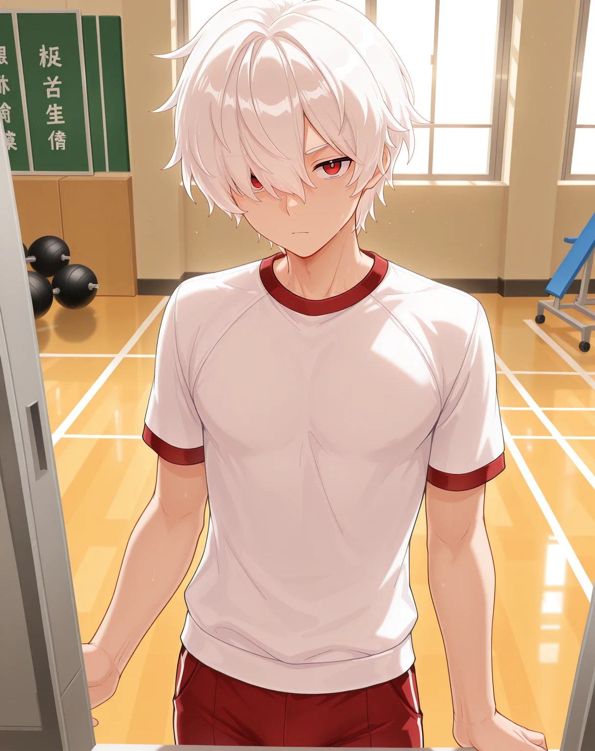 masterpiece,best quality,amazing quality, newest, very aesthetic, absurdres,
1boy, solo, yaoi, male focus, looking at viewer, cowboy shot, standing,
<lora:Elsword_Genesis_ilxl:1> elswordgn, white hair, red eyes, short hair, hair between eyes, hair over one eye,
gym uniform, gym shorts, gym shirt,
indoors, gym,