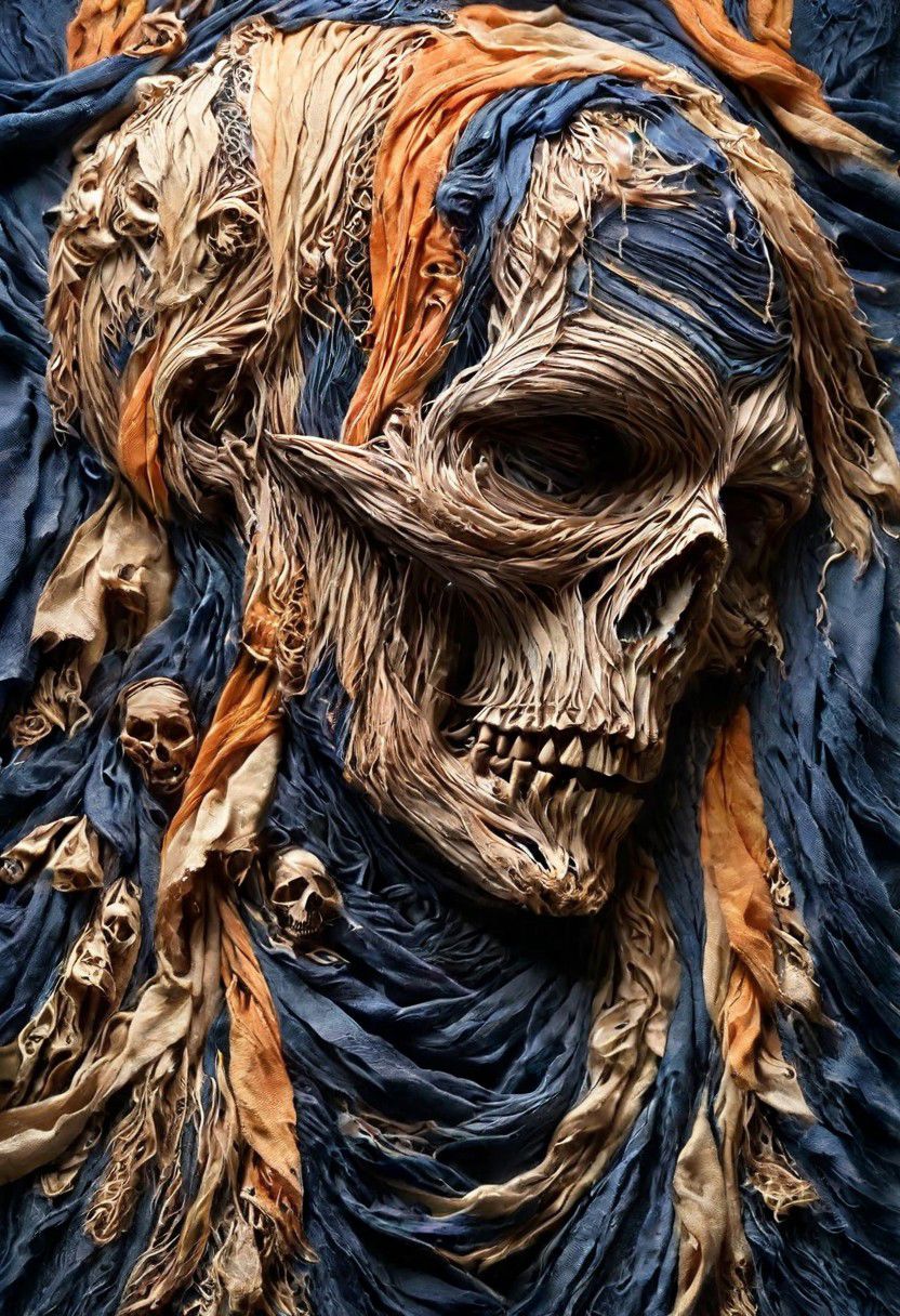 RAW closeup photo, skull, macro shot,( dark blue, orange, gold,  embroidery scarf), masterpiece, colorful details, gold threads embroideries, award winning, high detailed, 8k, natural lighting, analog film, amazing composition, intricate details, subsurface scattering, vellus gold hairs, amazing textures, soft light