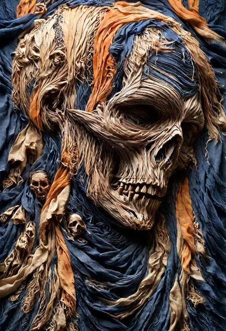 RAW closeup photo, skull, macro shot,( dark blue, orange, gold, embroidery scarf), masterpiece, colorful details, gold threads embroideries, award winning, high detailed, 8k, natural lighting, analog film, amazing composition, intricate details, subsurface scattering, vellus gold hairs, amazing textures, soft light