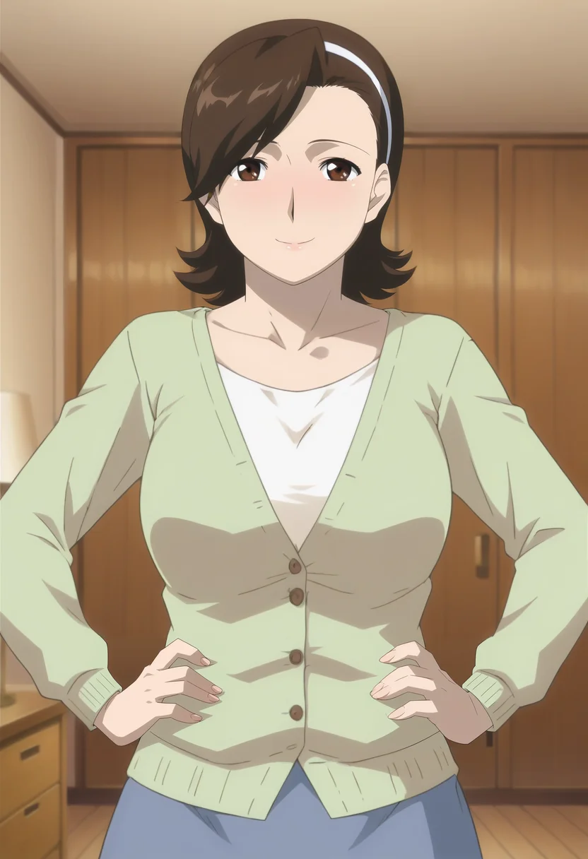 <lora:Youko_Serimiya-Musuko_no_Tomodachi_ni_Okasarete:0.9>,Youko,mature female,1girl,solo,brown hair,hairband,short hair,brown eyes,breasts,shirt,cardigan,skirt,hands on own hips,looking at viewer,indoors,smile