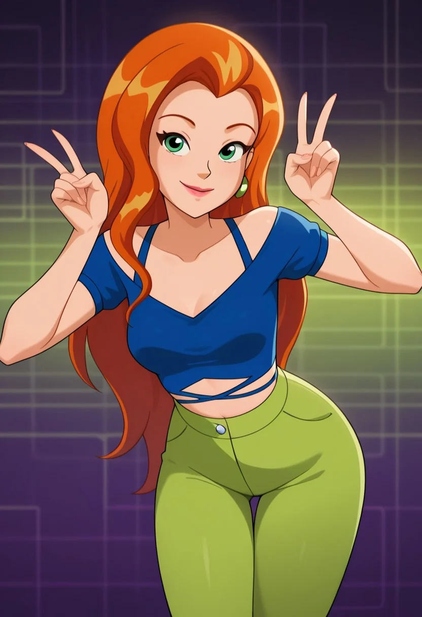 masterpiece, best quality, good quality, 1girl, solo, cartoon, totally_spies_2k24, sam, orange hair, long hair, green eyes, g0ld earrings, blue crop top, green pants, sexy, medium breasts, beautiful, detailed, high detailed, very beautiful, detailed face, detailed eyes, detailed hand, fingernails, abstract background, neon, smile, posing, pose, looking at viewer, face focus