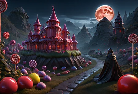 ((masterpiece)), ((best quality)), ultra-detailed, photorealistic, a girl sitting on a cliff, wearing a dark cape, gazing at a distant gothic grim castle, night time, large red moon illuminating the scene, dark medieval fantasy tone, desolate and lovecraftian landscape, eerie atmosphere, dramatic lighting, misty valleys, magic in the air, tragic and fantastical vibe, shadows cast over the land, intricate textures, high resolution, haunting beauty, cinematic composition.castle, dark, chiaroscuro, low-key, DarkFantasy, Dark Fantasy page,castle, Candy, Land, Candy Land, Candy, Candy shapes