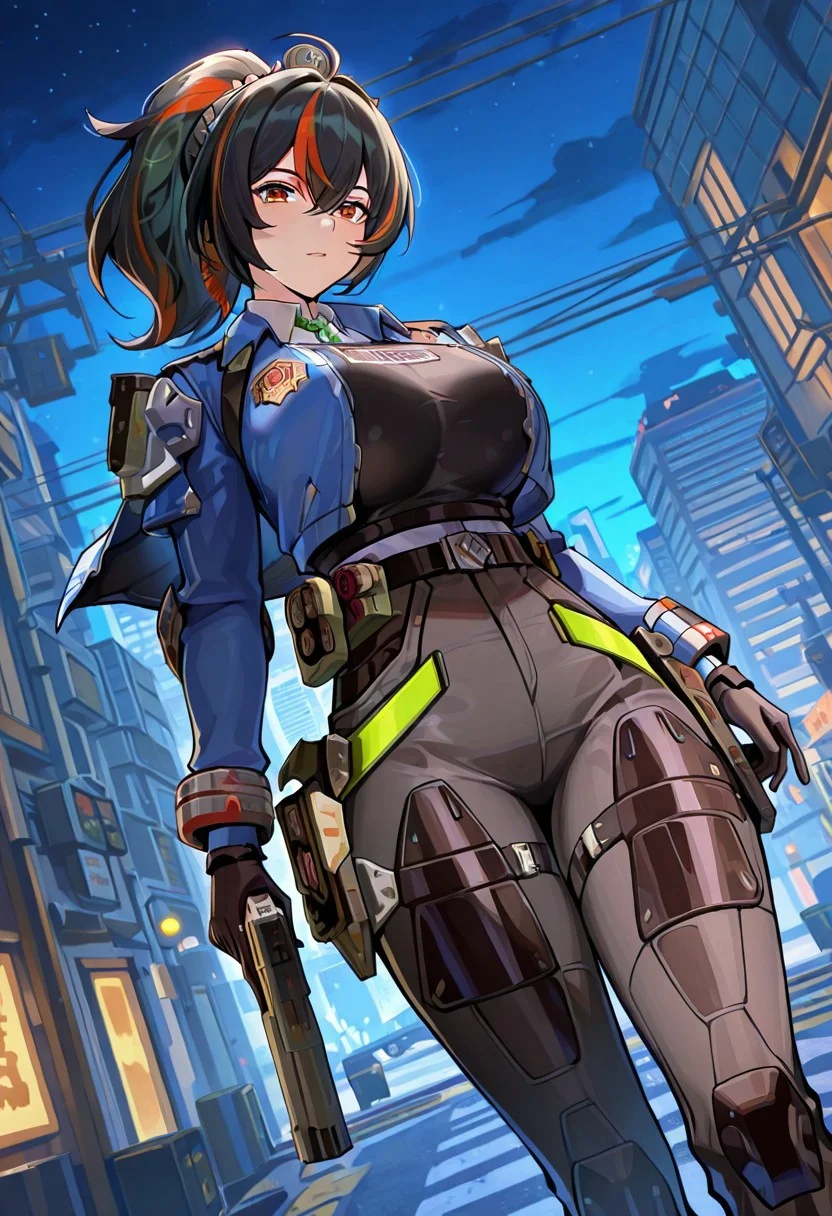 general,highres, ultra-detailed,very aesthetic,best quality ,best hands,best eyes,easynegative,anime_coloring,
dynamic anglre, dutch angle, 
1girl solo,looking at viewer,gun,holding gun,city,night,outdoors,
Zhu Yuan,black hair,multicolored hair,long hair,ponytail,huge breasts,amber eyes,shirt,jacket,pants,