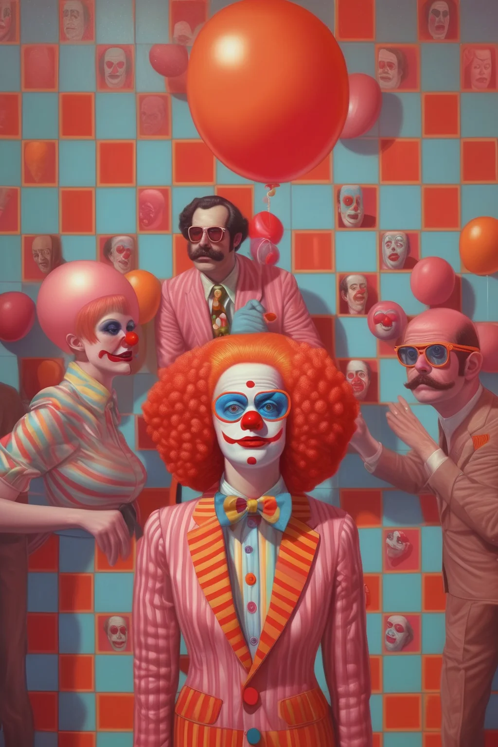 <lora:Alex Gross Style:1>Alex Gross Style - clowncore solarium, in the style of Alex Gross and Stanley Kubrick