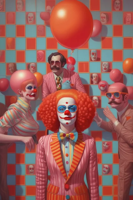 <lora:Alex Gross Style:1>Alex Gross Style - clowncore solarium, in the style of Alex Gross and Stanley Kubrick