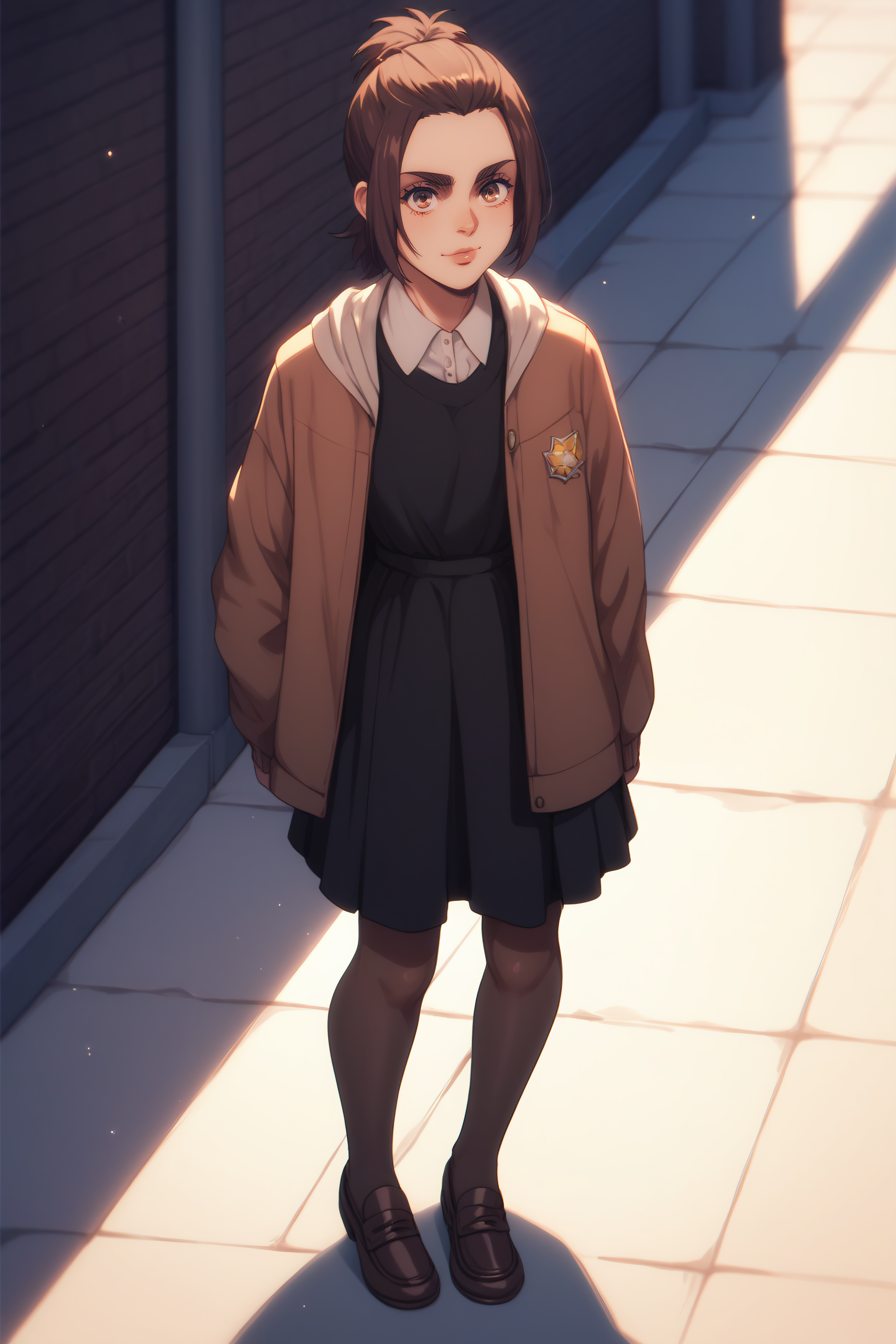 score_9, score_8_up, score_7_up, BREAK source_anime, <lora:gabi braun-PonyXL-lora-Faxtron:0.8> gabi braun, brown eyes, brown hair, single hair bun, black dress, jacket, loafers,