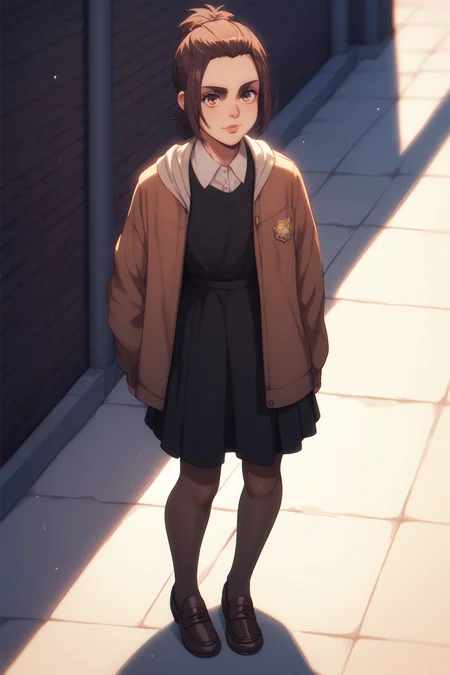 score_9, score_8_up, score_7_up, BREAK source_anime, <lora:gabi braun-PonyXL-lora-Faxtron:0.8> gabi braun, brown eyes, brown hair, single hair bun, black dress, jacket, loafers,