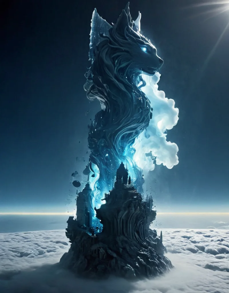 <lora:Space_Worlds_02_Dark_xlv1:1> sw02d_xl, photo illustration from a world in the clouds, beautiful, stunning, dark indigo and light cyan, mind-bending sculptures, realistic hyper-detail, fluid simplicity --ar 63:128 --stylize 750 --v 6