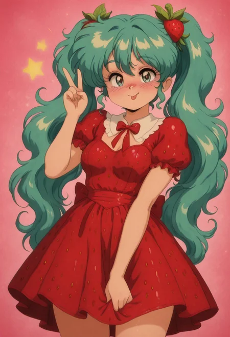 masterpiece, best quality,
1girl, solo, hatsune miku \(cosplay\), short twintails, wavy hair, smile, blush, retro artstyle, v, tongue, strbrry, red dress, strbrry dress,