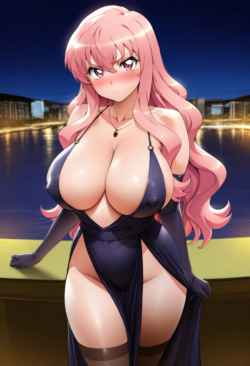masterpiece, best quality,
<lora:Vadass_Oltlo:1> V4d4ss(0ltl0), 1girl, solo, standing, looking at viewer, blush, louise francoise le blanc de la valliere, pink hair, huge breasts, cocktail dress, revealing clothes, cleavage, collarbone, necklace, elbow gloves, thighhighs, covered nipples, outdoors, night,
