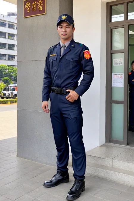 score_9, score_8_up, score_7_up, score_6_up, perfect anatomy, perfect proportions, best quality, masterpiece, high_resolution, high quality, highres, gay, homo, bara, male focus, male only, mature, masculine, manly, hunk, virile, rugged, hunky, handsome, charming, alluring, dutch angle, cowboy shot, asian man, Taiwanese man, young man, black eyes, black hair, goatee, HannekenTWpolice07, formal police uniform, grey collared shirt, black necktie, black jacket, black pants, black boots, formal uniform, outdoors, infoors, police station, office, black police cap, fatigue cap, 