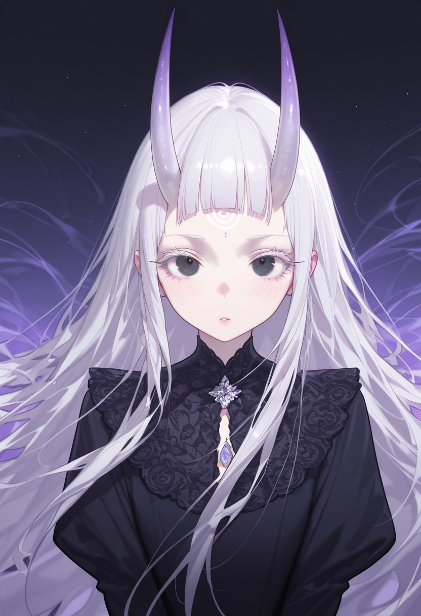 very awa, masterpiece, good aesthetic, best quality, absurdres,  hyper details, beautiful, gorgeous, very awa, masterpiece, good aesthetic, best quality, absurdres, looking at viewer, 
Realistic Hentai Style, realistic clothing, detailed clothing, ultra HD clothing, hyper realistic clothing, 
bushy eyelashes, thick eyelashes, long eyelashes, blushing, beauty mark, glossy lips, glittery eyeliner, 
White hair, very long hair, blunt bangs, bushy sidelocks, white eyelashes,extremely long wavy, graceful flowing hair, pale white skin, refined glossy pink makeup, glittery skin, gorgeous, forehead horns, horns on forehead, spiral horns, dark piercing black eyes,
Light purple hair gradient , light people hair shadow
black dress