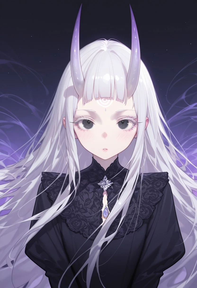 very awa, masterpiece, good aesthetic, best quality, absurdres,  hyper details, beautiful, gorgeous, very awa, masterpiece, good aesthetic, best quality, absurdres, looking at viewer, 
Realistic Hentai Style, realistic clothing, detailed clothing, ultra HD clothing, hyper realistic clothing, 
bushy eyelashes, thick eyelashes, long eyelashes, blushing, beauty mark, glossy lips, glittery eyeliner, 
White hair, very long hair, blunt bangs, bushy sidelocks, white eyelashes,extremely long wavy, graceful flowing hair, pale white skin, refined glossy pink makeup, glittery skin, gorgeous, forehead horns, horns on forehead, spiral horns, dark piercing black eyes,
Light purple hair gradient , light people hair shadow
black dress