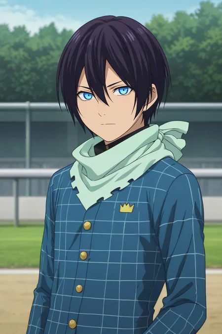 score_9, score_8_up, score_7_up, , rating_safe, intricate details, anime screencap, , official style, looking at viewer, depth of field, 1boy, solo, male focus, <lora:yato_noragami_pony:1>, yato_noragami, black hair, blue eyes, short hair, hair between eyes, scarf, , flannel shirt, pork pie hat, <lora:sdxl_lightning_8step_lora:1>