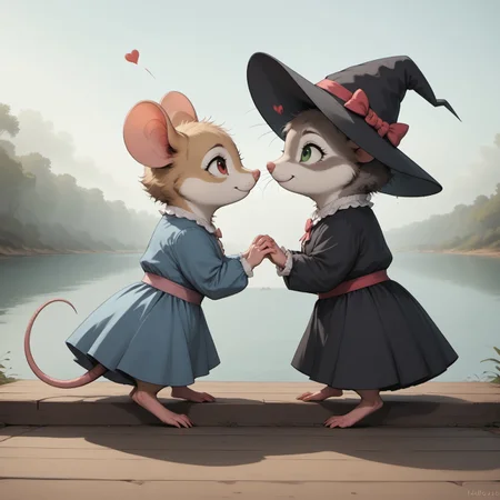 score_9, score_8_up, score_7_up, score_6_up,
m0use_goldie, 2girls, duo, hearts, roses, 1 girl,
(white frilly shirt, blue skirt, grey fur, green eyes), (mouse tail), (cute:1), (feral:1.5), sitting, outdoors, (lake, water:1.3), side view, pier, (haze:2), looking back, feet in the water, 1 girl, brown fur, fluffy fur, brown body, red eyes, mouse ears, black robe, holding hands, cute, romantic, witch hat, pink bow, ears through hat