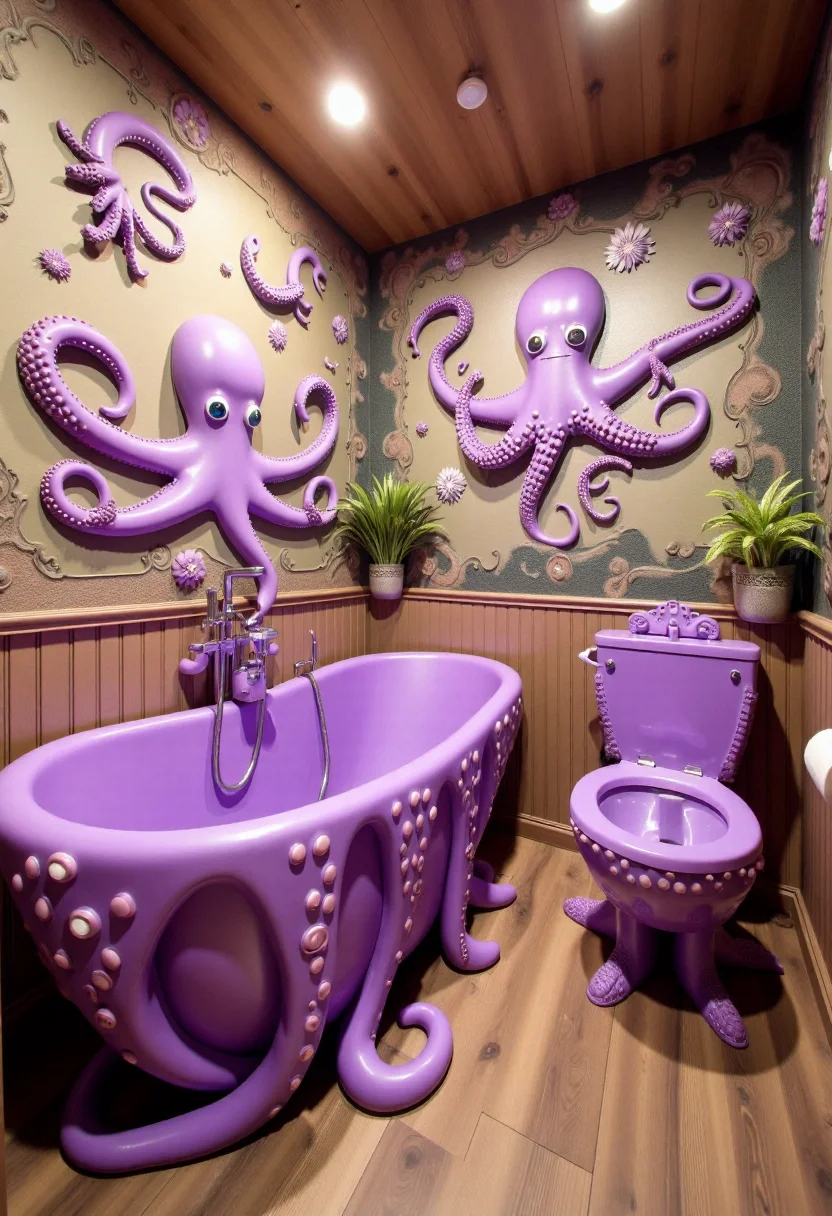 <lora:Custom_Bathroom_Crafter_FLUX-000013:0.9>
This is a photograph of a rustic, octopus-themed bathroom, with purple details, octopus shaped bath, and octopus toilet.