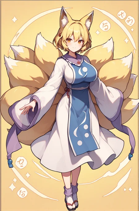 score_9, score_8_up, score_8, score_9, 1 girl, source_anime, <lora:yakumo_ran_pony-10:0.8> , yakumo ran, blonde hair, fox ears, tabard, white dress, fox tail, glowing, smile, full body, wide sleeves, long sleeves, detailed background, large breasts, socks, <lora:chinesepixiv:0.8>