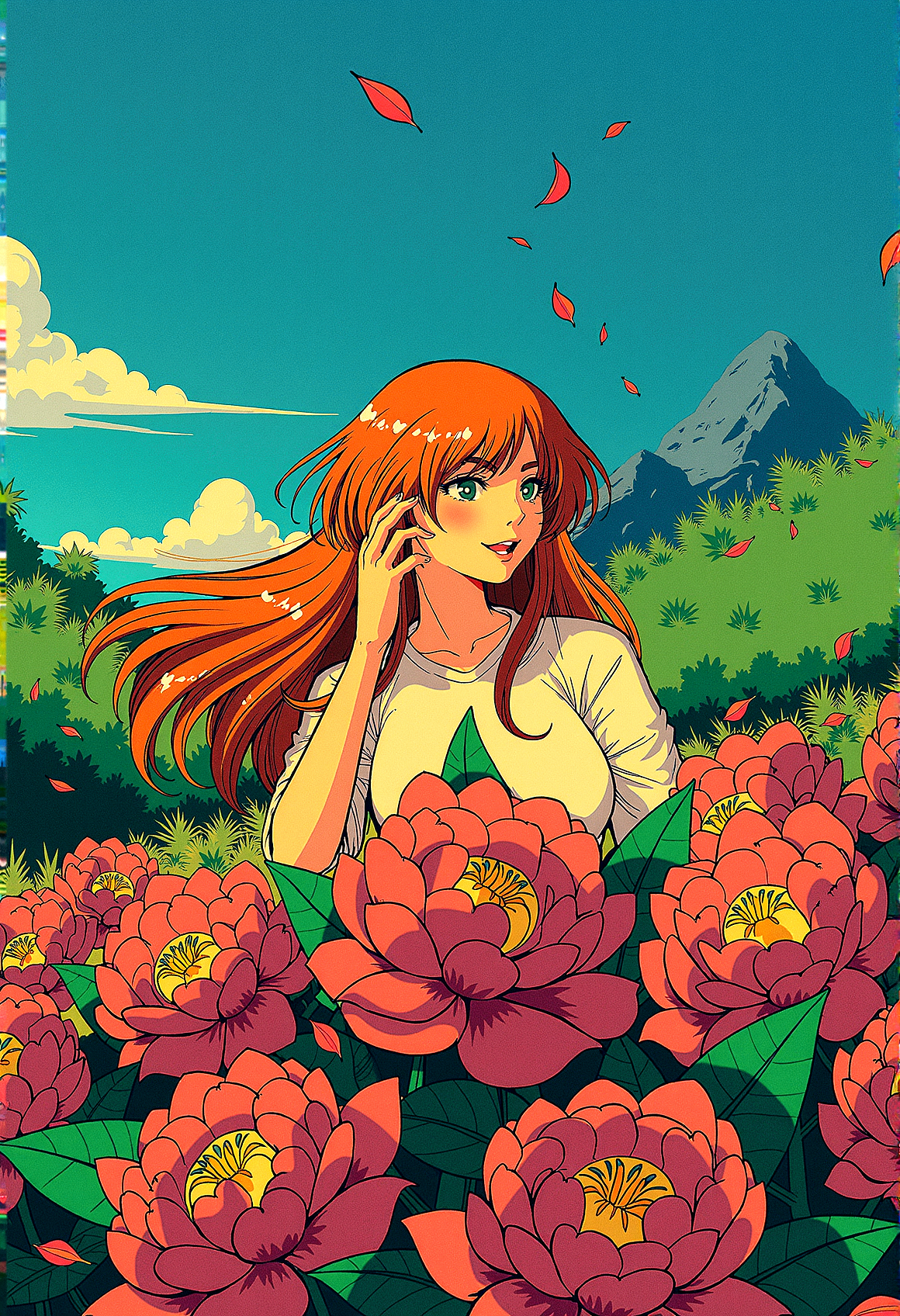 msdh, frosted animation,
retro anime, anime screencap of a ginger woman on a hill covered in glowing flowers, with exotic vegetation swaying in the strong wind. Her long hair flows in the breeze, while petals and leaves are scattered around her. The noon sun bathes the scene in bright light, highlighting the intricate details and vibrant colors. The image captures extreme realism with a sharp, wide-angle view in high-resolution HDR, with no depth of field.

Light catching in the strands of the woman’s hair, making it appear more dynamic and alive. subtle color gradients across the scene, blending the colors of the sky, flowers, and vegetation more harmoniously.subtle reflections on any shiny surfaces, such as wet leaves or the woman’s eyes, to enhance the realism and detail.Intensify the vibrancy of the vegetation by adding more lush, green foliage around the flowers.a shimmering lake in the distance, reflecting the colors of the sky and adding a serene element.a faint, distant mountain peaks to add depth to the background and enhance the sense of scale.

close up face, 
She lightly touches her cheek with one hand, her head tilted slightly in a delicate, feminine gesture.
