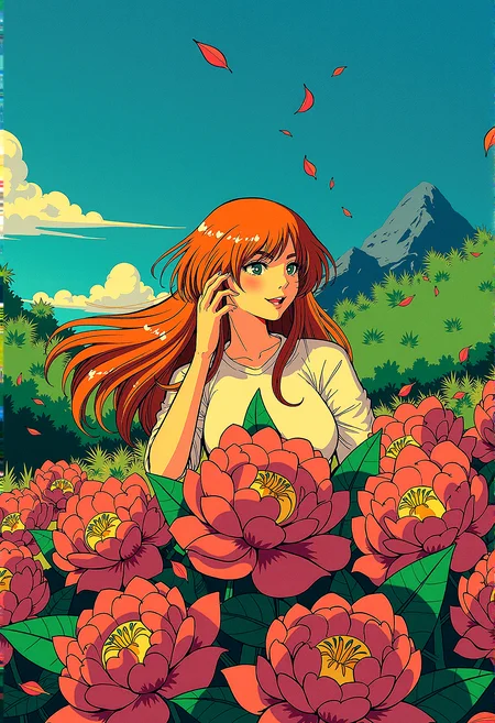 msdh, frosted animation,
retro anime, anime screencap of a ginger woman on a hill covered in glowing flowers, with exotic vegetation swaying in the strong wind. Her long hair flows in the breeze, while petals and leaves are scattered around her. The noon sun bathes the scene in bright light, highlighting the intricate details and vibrant colors. The image captures extreme realism with a sharp, wide-angle view in high-resolution HDR, with no depth of field.
Light catching in the strands of the woman’s hair, making it appear more dynamic and alive. subtle color gradients across the scene, blending the colors of the sky, flowers, and vegetation more harmoniously.subtle reflections on any shiny surfaces, such as wet leaves or the woman’s eyes, to enhance the realism and detail.Intensify the vibrancy of the vegetation by adding more lush, green foliage around the flowers.a shimmering lake in the distance, reflecting the colors of the sky and adding a serene element.a faint, distant mountain peaks to add depth to the background and enhance the sense of scale.
close up face,
She lightly touches her cheek with one hand, her head tilted slightly in a delicate, feminine gesture.