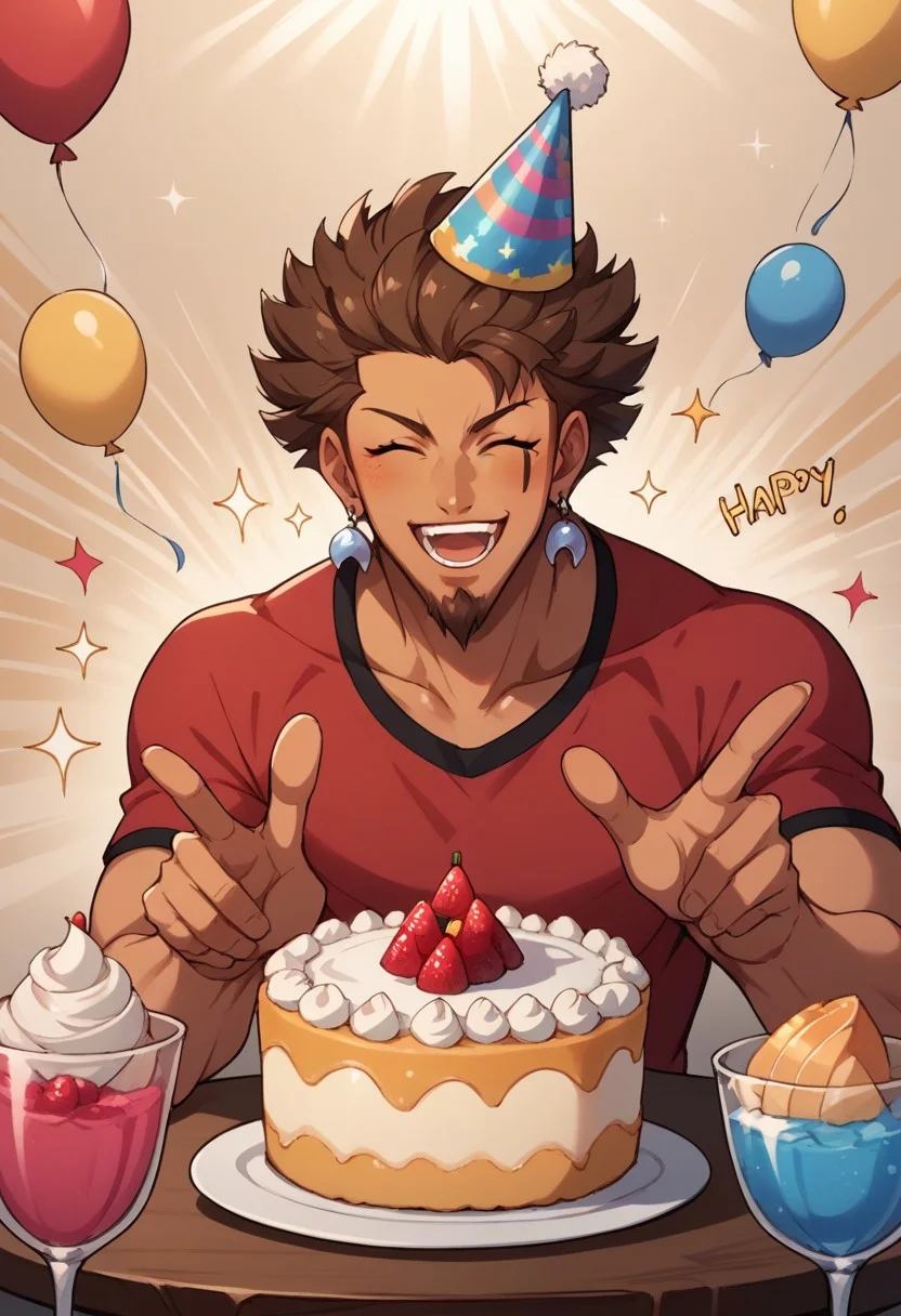 score_9, score_8_up, score_7_up, source_anime, rating_safe, sparkles effects, raspberries, Azutail, brown hair, grey Azuma earrings, black Azuma facial mark, 1boy, male focus, closed eyes, casual clothes, party hat, open mouth, wide smile, teeth, upper body, hands with five fingers, happy birthday, cake on table, simple patterned background, cute wallpaper, happy-cheery,