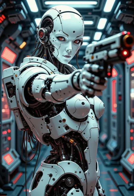 A digital artwork in the style of cknc, in the style of ck-ncr, high-end cyborg female battle robot, white ceramic material, full ceramic white head with mechanical parts visible inside, looking at viewer, mechanical eyes, aiming blaster gun at viewer, dimly illuminated cyberpunk corridor, neo, bokeh
