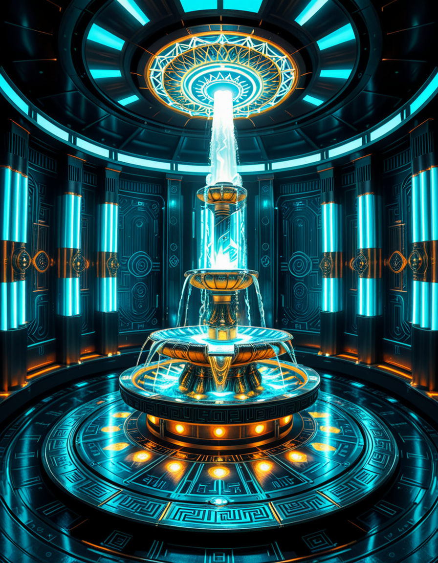 The center of a high-tech, alien temple-laboratory, where dark metallic walls shimmer under the glow of cyan vertical light tubes and faint sacred runes. In the middle of the chamber lies an elaborate biomechanical fountain, rising like an altar from a circular platform of engraved metal. The fountain pulses with iridescent liquid light, flowing in gravity-defying streams that spiral upward before cascading back into a glowing basin etched with ritual patterns. Bioluminescent veins run through the structure, illuminating the surrounding floor like circuitry. Overhead, a radiant, halo-like design casts a celestial glow, enhancing the surreal, sanctified atmosphere. The space exudes a fusion of sacred ceremony and alien technology, as if the fountain were a source of divine power worshipped by another world.
<lora:high-tech_alien_temple_f0unt41n:1>,high-tech alien temple f0unt41n,<lora:SDXLFaeTastic2400:0.4> <lora:extremely_detailed:0.4> extremely detailed, Masterpiece,best quality,hi res,8k,hi res,8k,award winning,(sharp focus, intricate, highly detailed),