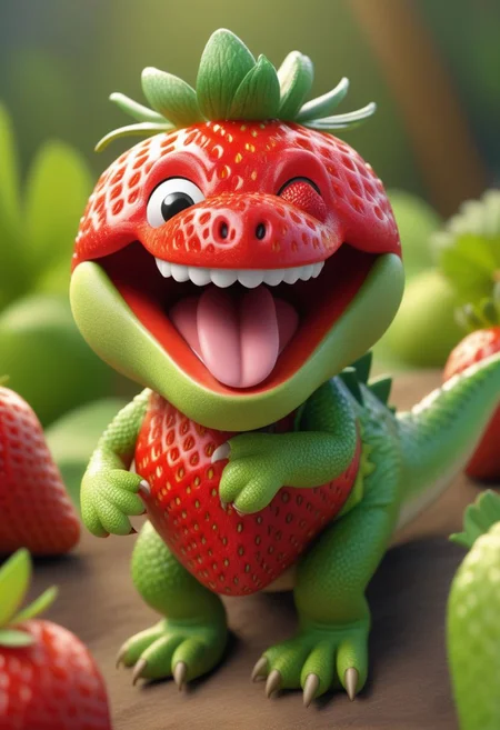 strawberry with dinosaur appearance, friendly, cute, sticks out her tongue and smiles, amused and pleased,, bright colors, intricate details, masterpiece, 4k, raw, friendly, cute, sticks out her tongue and smiles, amused and pleased, muppets style, bright colors, intricate details, masterpiece, 4k, raw,