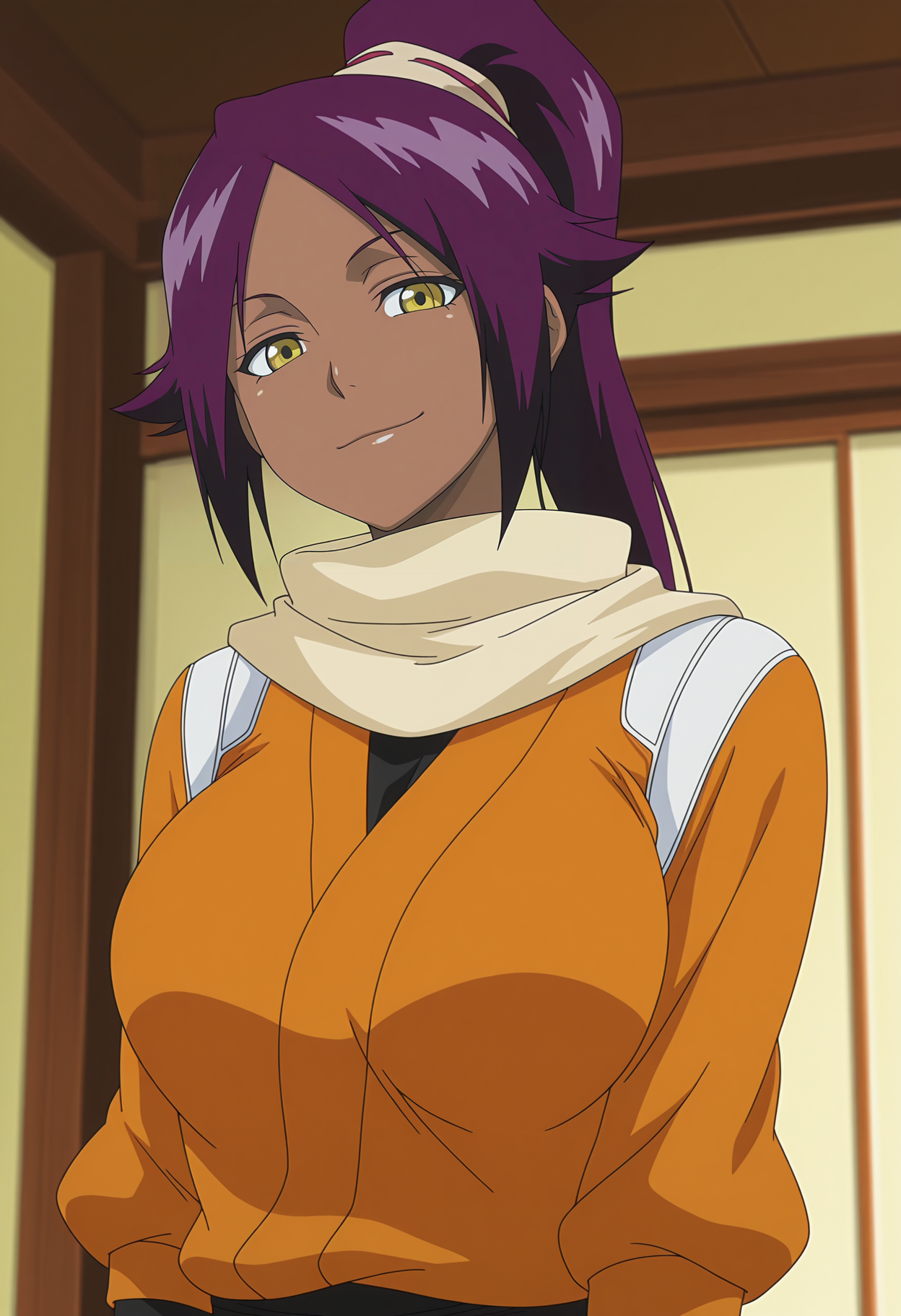 1girl,solo,mm,mature female,dark-skinned female,purple hair,yellow eyes,long hair,ponytail,large breasts,anime coloring,
orange jacket,scarf,upper body, looking at viewer, smile, indoors, 
,masterpiece,best quality,amazing quality,<lora:Yoruichi_Shihouin-Bleach:0.8>