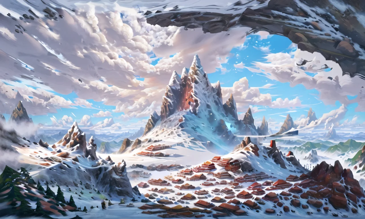 <lora:ConceptScene_B2:1>,a painting of a mountain scene with a couple of people on a hill overlooking the ocean and clouds in the sky