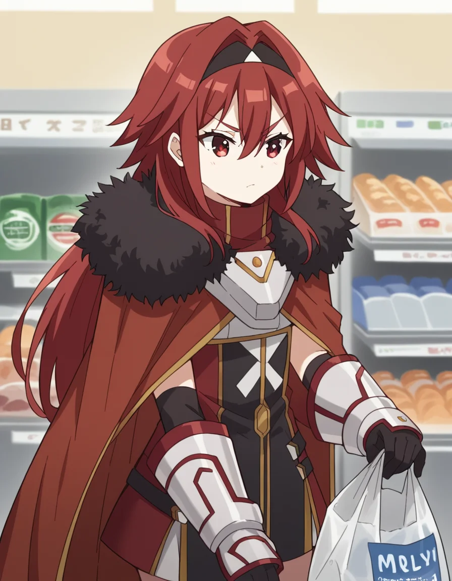 score_9, score_8_up, score_7_up, source_anime, <lora:bofuri-mii-s2-ponyxl-lora-nochekaiser:1>, mii, long hair, bangs, red eyes, hair between eyes, sidelocks, red hair, hairband, black hairband,, gloves, black gloves, cape, armor, fur trim, red cape,, grocery store, cashier, shopping bag, scanning items, small talk, everyday routine, , , hand on thigh, elbow bent, foot pointed, solo,, cowboy shot, dutch angle
