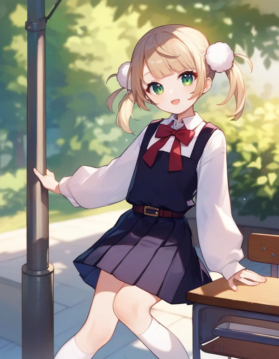 score_9,score_8_up,score_7_up,score_6_up BREAK official art,solo,outdoors,upper body,(portrait:1.5),looking at viewer,facing viewer,aged down,child,shigure ui (vtuber),short hair,light brown hair,twintails,pom pom hair ornament,hair intakes,green eyes,school uniform,bangs,red bow,collared shirt,white shirt,long sleeves,belt,black dress,sleeveless dress,pleated dress,pinafore dress,flat chest,kneehighs,white socks,black footwear,uwabaki,<lora:Shigure Ui(vtuber)-Pony:1.4>,<lora:Smooth Anime Style LoRA XL:0.8>,