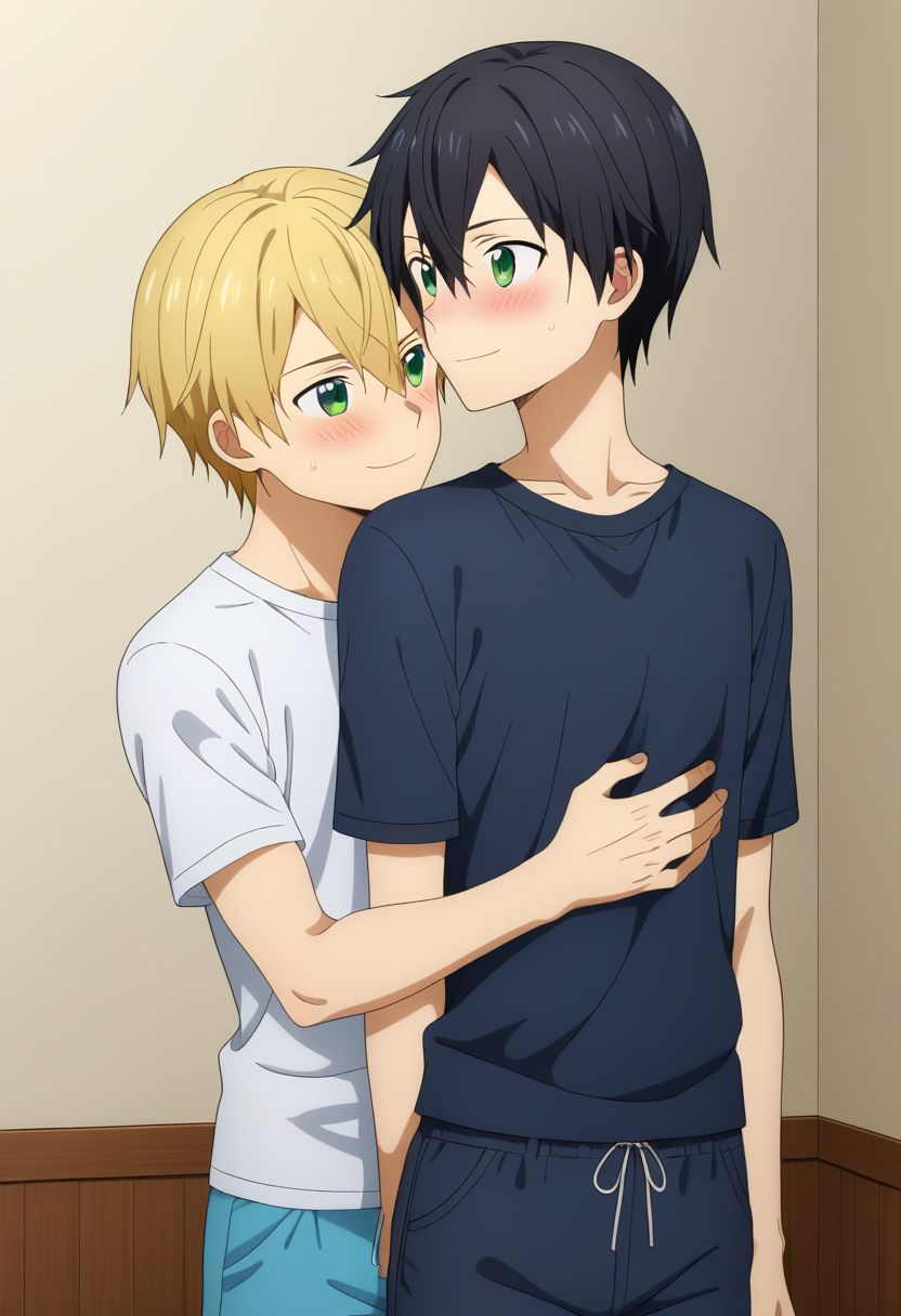 2boys, :d, bangs, close mouth, smile, shy, (hug from behind), white shirt, indoor, yaoi, <lora:HUGGY:0.7>
Kazuto Kirigaya, SAO, black hair, black pants, black shirt, white socks, and
euego, green eyes,blonde hair,hair between eyes, blue shirt, blue pants, socks, green eyes, blush