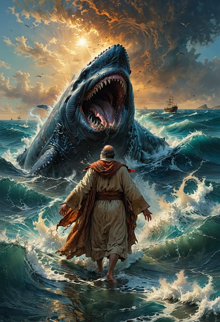 An ancient man stands on a boat in the middle of the sea, facing a massive whale with its mouth wide open to swallow him. The man, aged around 40, is dressed in a weathered robe, and the scene is depicted from the back, highlighting the imminent danger he faces. This compelling image captures the tension between man and beast in a dramatic painting, with the man's robes billowing in the wind and the whale's jaws gleaming menacingly. The detailed brushwork and vivid colors bring this scene to life, evoking a sense of urgency and impending danger. <lora:MJ52:0.3>  <lora:SDXLFaeTastic2400:0.4>  <lora:EpicF4nta5yXL:0.7>