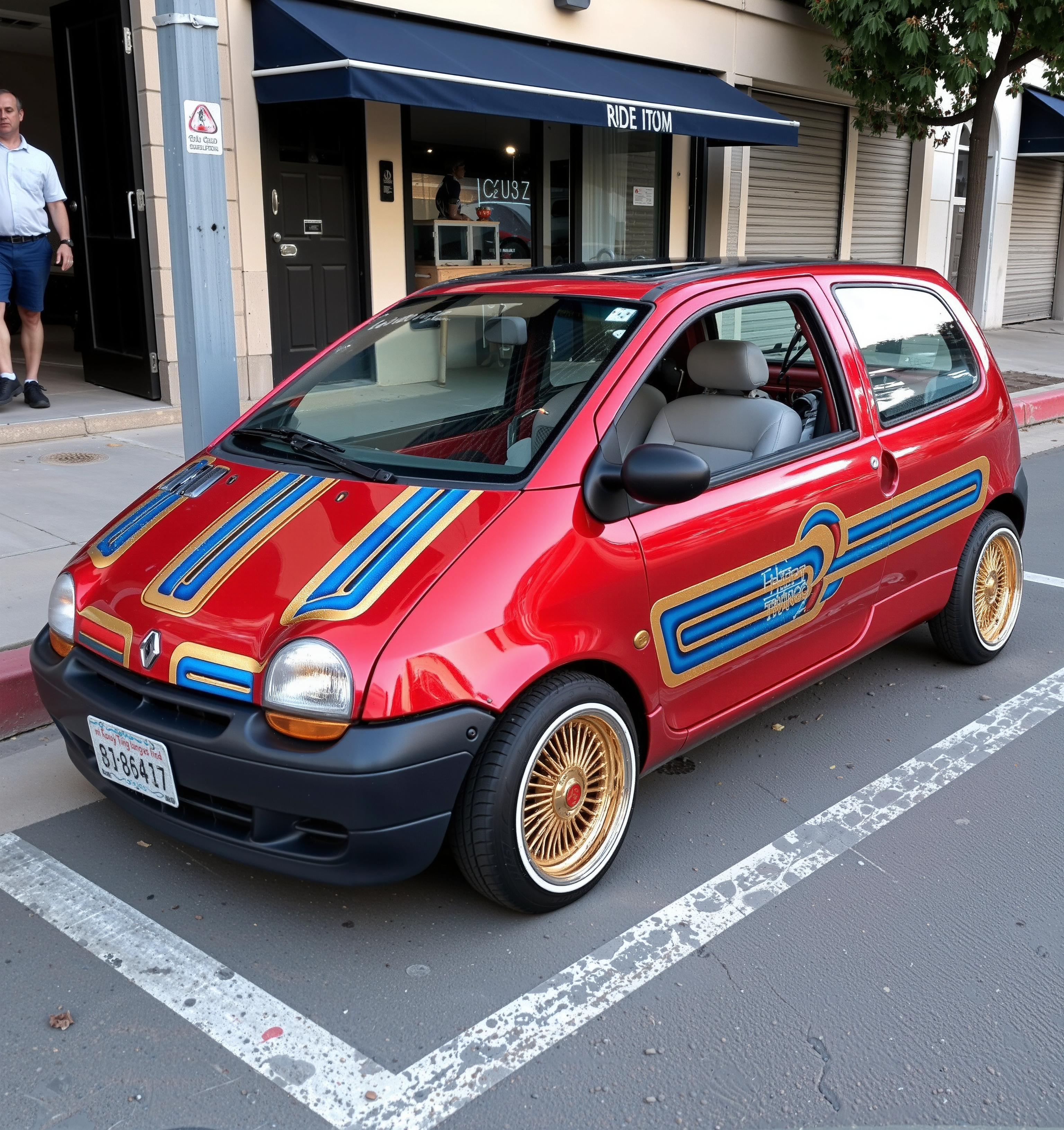 renault twingo lowrider <lora:twingo_FLUX:1>, red metalflake paint with cyan and gold straight line designs on it,  white sidewall tires, gold wire wheels, in a los angeles street  <lora:lowrider:1>