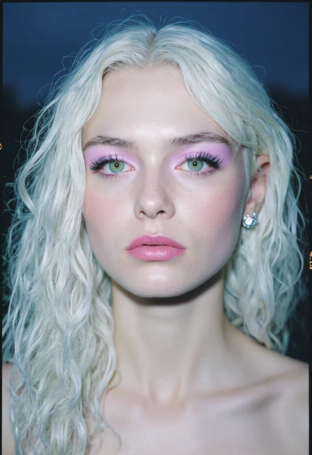 Polaroid extreme closeup photo portraying young thin swedish woman, 20yo, with captivating light green hooded eyes and pale skin with a serious attitude. She has wavy white hair and e-girl makeup combining hues of pastel pink and intense false lashes contrasted by lipstick with matching stud earrings. Set on a secluded island, on a misty dark stormy night in summer. With soft loop lighting, shallow depth of field, highly detailed, vibrant, long hair, gorgeous, pale beauty