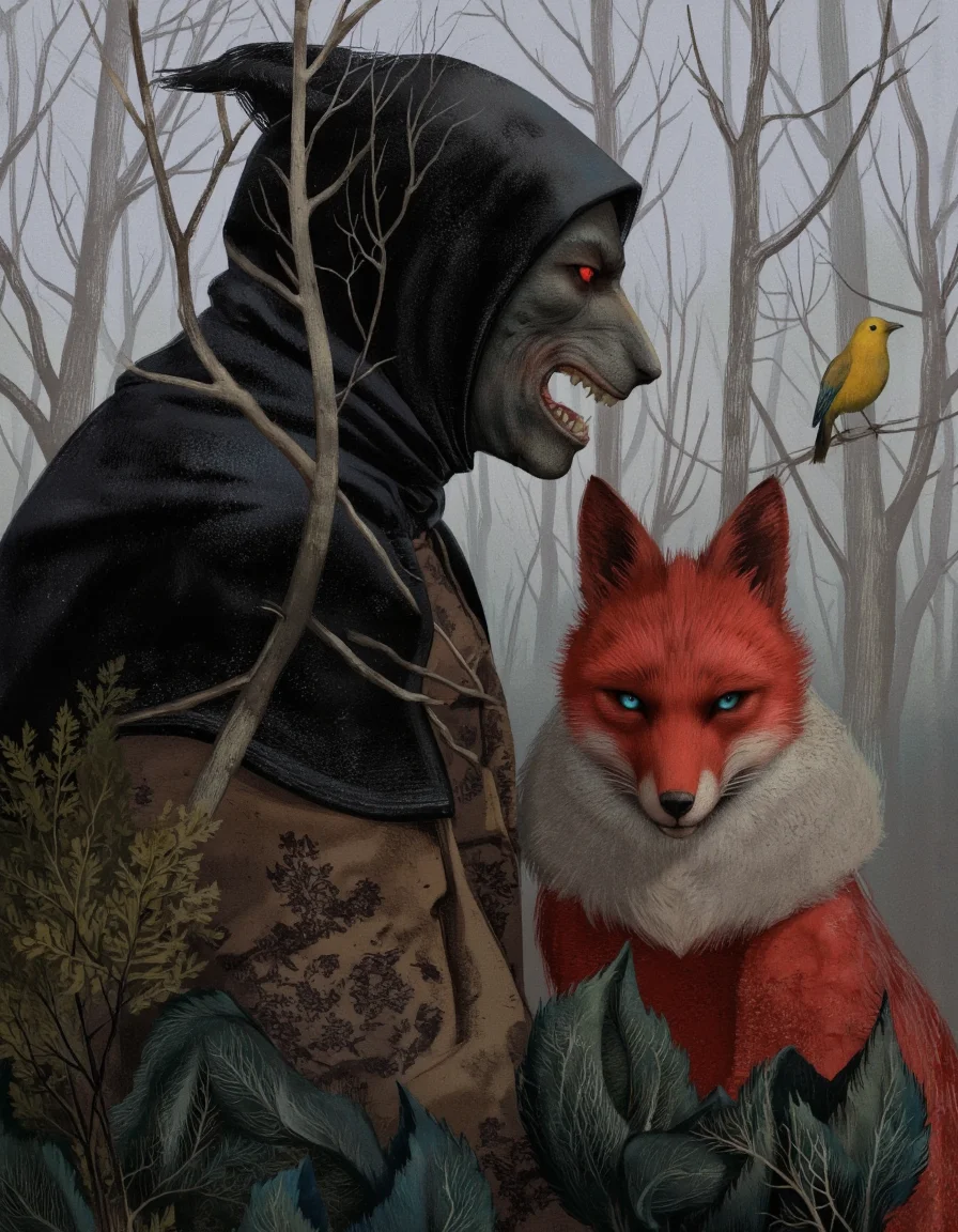 By Anna & Elena Balbusso. A digital illustration shoot from a profile camera angle about a dark and mysterious scene featuring a large, menacing black bear and a smaller, red fox. the bear, positioned on the left side of the image, is wearing a black hooded cloak and has a menacing expression, with sharp teeth and glowing red eyes. the fox, positioned in the middle, is looking directly at the viewer with its blue eyes, and it appears to be calm and alert. the background is a misty, foggy forest with bare trees and a small yellow bird perched on the branch. the overall mood is eerie and unsettling, with a focus on the contrast between the two figures and their surroundings.
