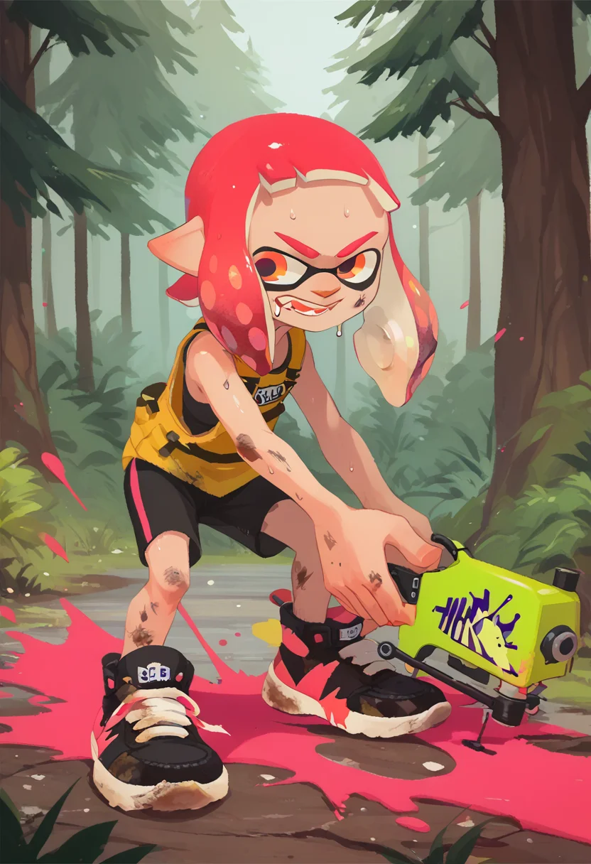 score_9, score_8_up, score_7_up, score_6_up, score_5_up, score_4_up, orange inkling, dirty, sweat, pink paint splatter, forest, <lora:splatoonxl41-pdv6xl:1>
