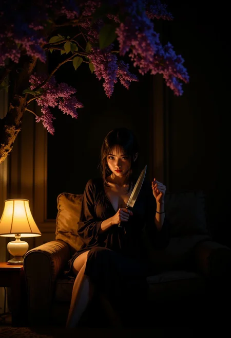 Dark, moody image of a young woman sitting on a sofa in a shadowy living room. She wears a loose dark midi dress, blending into the darkness. Her expression is serious, gaze fixed downward. In her hands, she clutches a long knife, its blade catching warm light from a lamp placed slightly to her side and in front. The lamp emits a soft golden glow, highlighting her figure and the knife’s gleam. The light source is at a low angle, creating sharp shadows behind her while illuminating her face and hands. The blade reflects light toward the viewer. A large tree with purple lilac flowers looms overhead, its blooms barely visible in the gloom. The warm lighting creates dramatic contrasts, with deep shadows enveloping the room. The background is near-total darkness, amplifying the emotional weight. The perspective is close-up, slightly off-center, capturing her profile and the knife. The light source is subtly visible in the frame, reinforcing the composition. The mood is somber and tense, with quiet, dramatic intensity. The atmosphere is still, contemplative, and filled with unease, underscored by the interplay of warm light and oppressive shadows. Artistic style: dramatic realism.