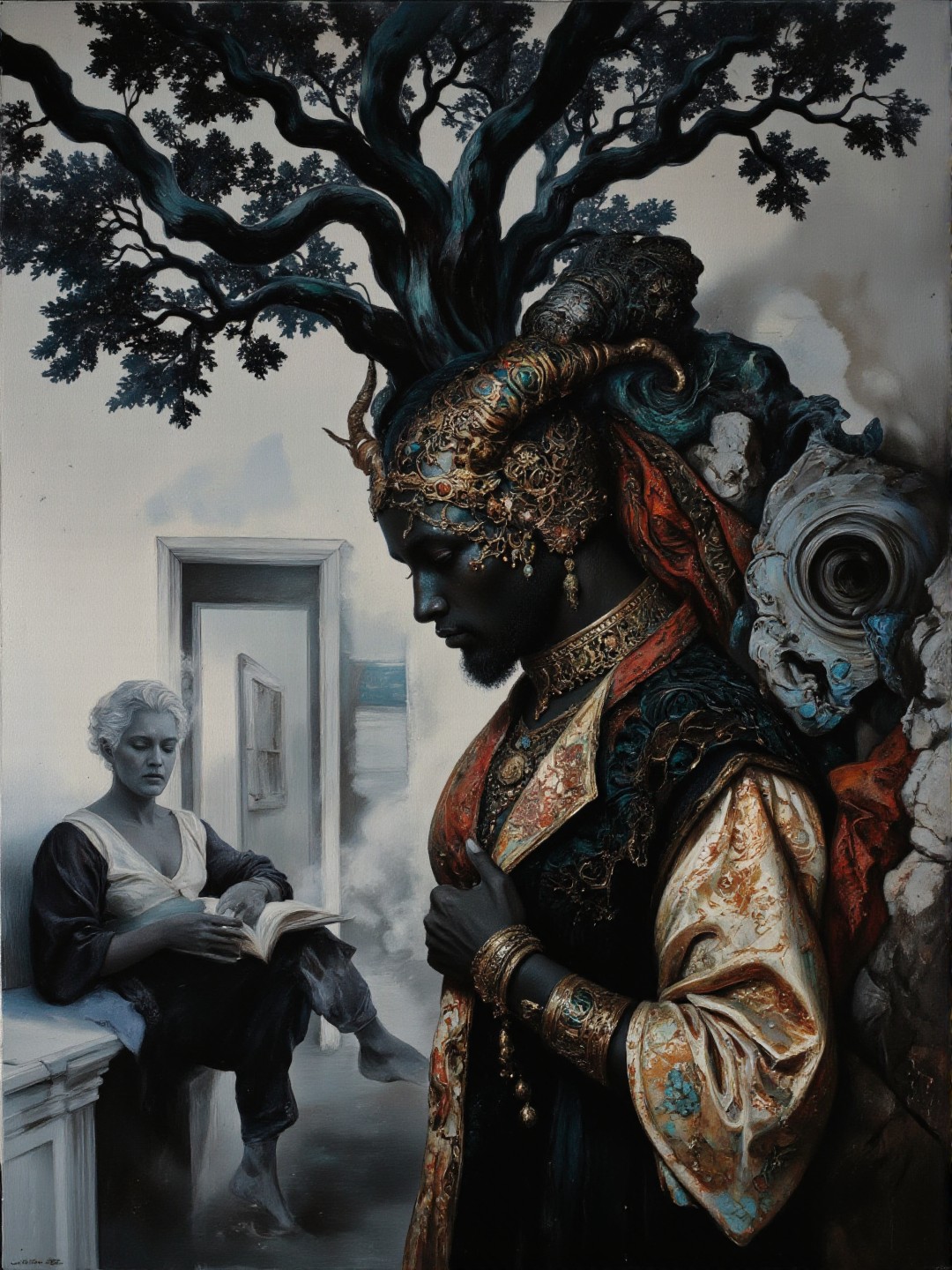 Color Field Painting <lora:AS_3:0.6>, low-angle view, Cameroonian, water theme, white-toned photo of an abyssal mature rococo clothed bejewelled sleeping tree demon walking in a bright pristine Police station, intricate black and crimson and brass filigree details, magical, cubist, billowing dark dust, very detailed, ground fog The background is a dark marbled art paper with azure and grey and black long swirling light trails made of stone glass. <lora:flux.1_lora_flyway_Epic-detail_v2:0.55> <lora:flux_realism_lora:0.35> <lora:Midjourney_Whisper_Chromaplex_Velvet_Myst_v01:0.25> <lora:di-filigree-relief_v10-11:0.25>