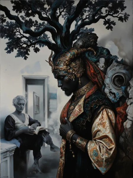 Color Field Painting <lora:AS_3:0.6>, low-angle view, Cameroonian, water theme, white-toned photo of an abyssal mature rococo clothed bejewelled sleeping tree demon walking in a bright pristine Police station, intricate black and crimson and brass filigree details, magical, cubist, billowing dark dust, very detailed, ground fog The background is a dark marbled art paper with azure and grey and black long swirling light trails made of stone glass. <lora:flux.1_lora_flyway_Epic-detail_v2:0.55> <lora:flux_realism_lora:0.35> <lora:Midjourney_Whisper_Chromaplex_Velvet_Myst_v01:0.25> <lora:di-filigree-relief_v10-11:0.25>