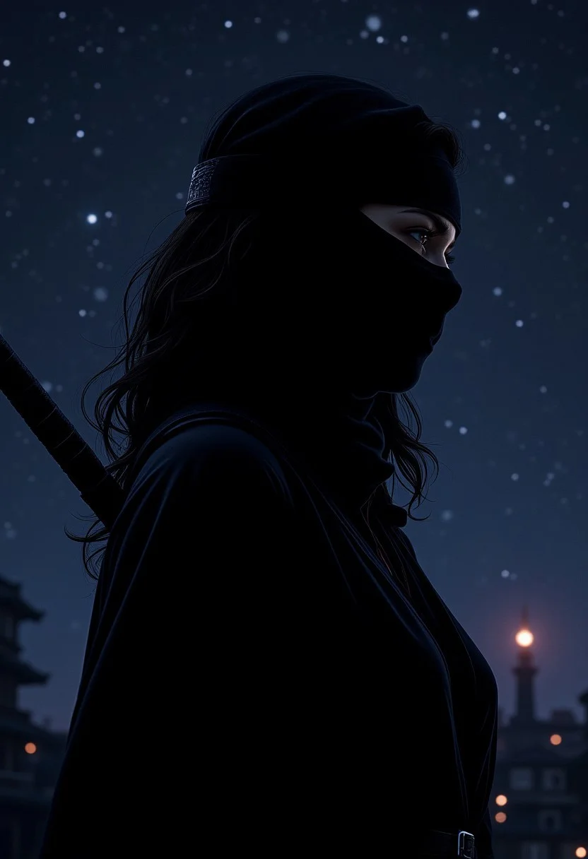 Stunning illustration of Japanese female ninja, silhouetted against the night sky, chiascuro, directional lighting, closeup side profile