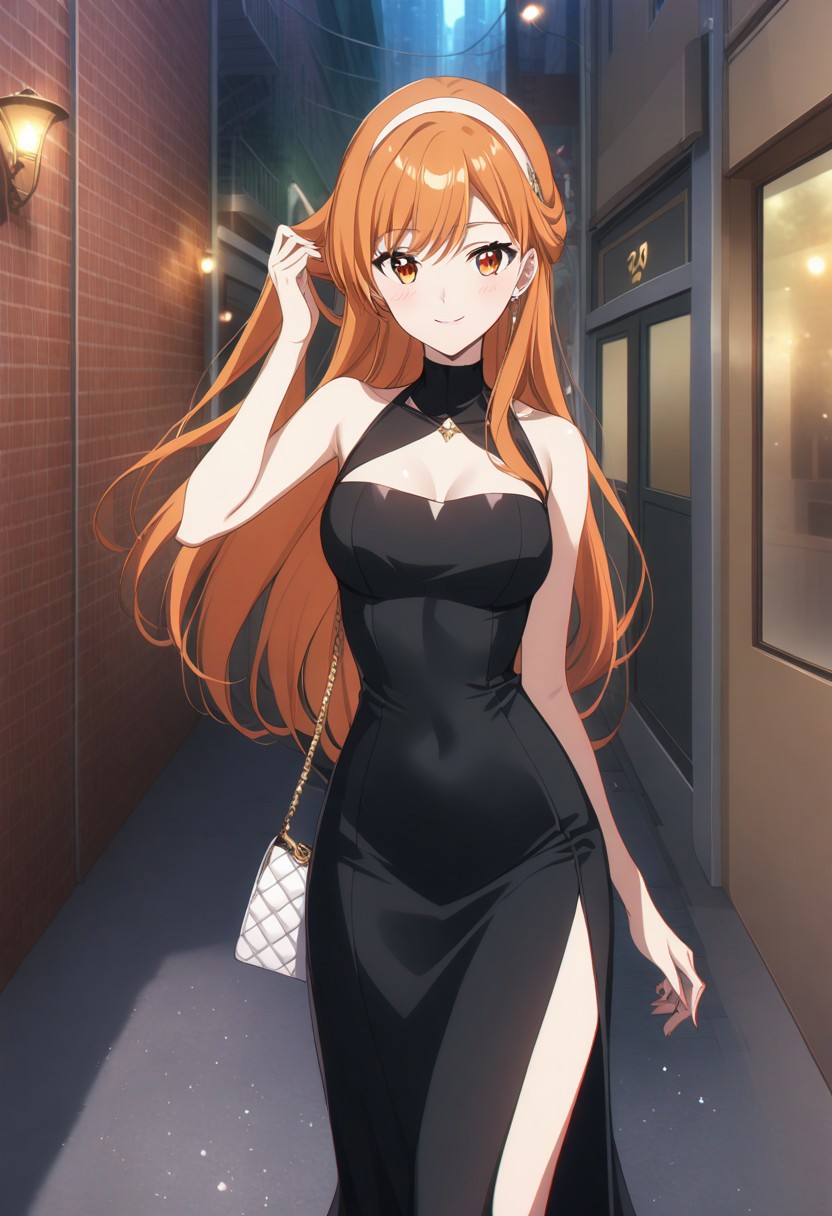 score_9, score_8_up, score_7_up, score_6_up, source_anime. 
BREAK 1girl, solo
BREAK orange hair, orange eyes, long hair, swept bangs, half-updo, Dongtan dress, black dress, glamorous, glitter, hair flip, handbag, hairband, smile, blush, outdoors, city, sidewalk, street