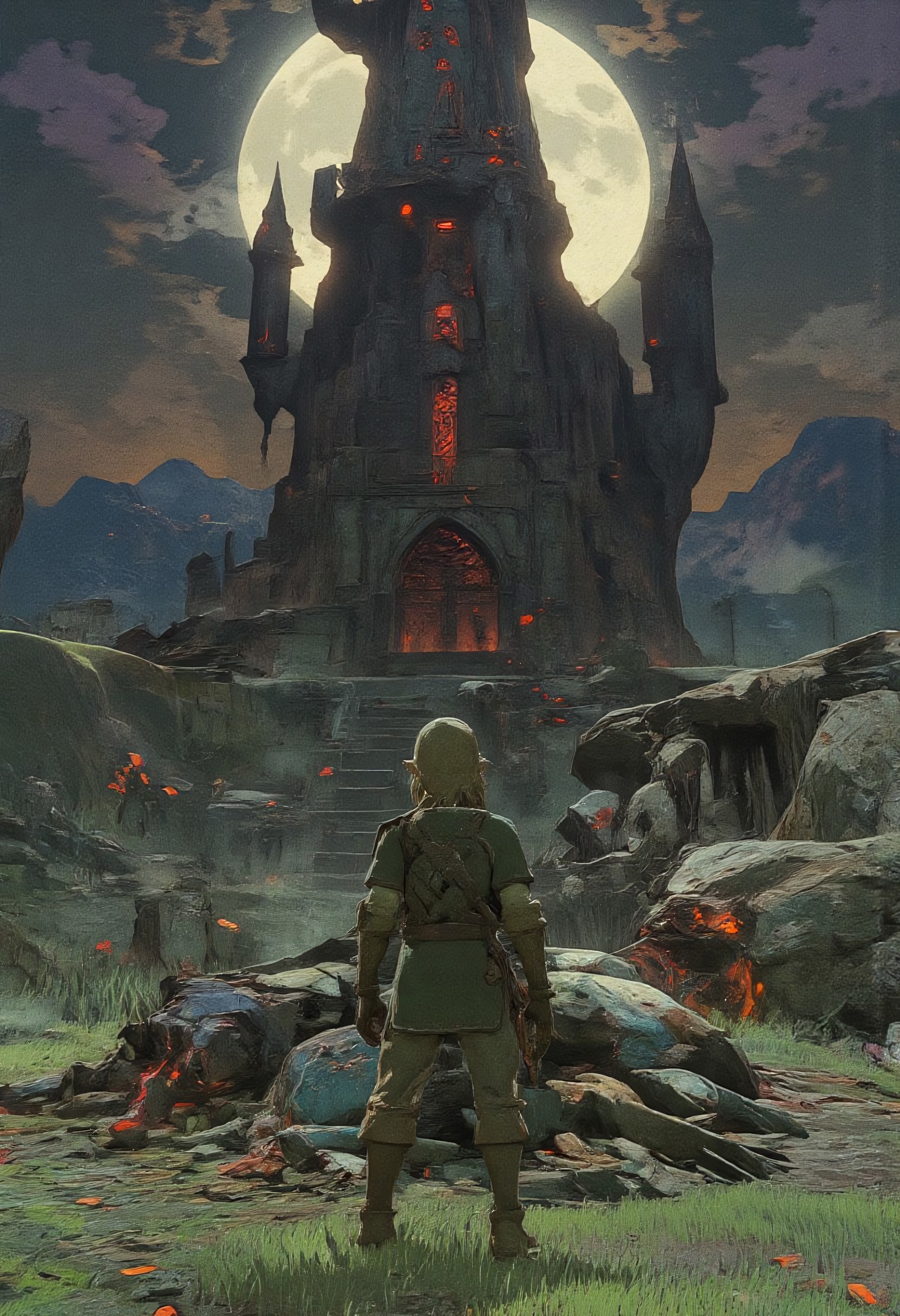 l3nk, link standing in front of a dungeon tower, zdst style, A mystical, epic fantasy landscape featuring a lone male knight (link) in a green tunic and cap and blond hair, he is holding the master sword and has the hylian shield on his back, standing on pile of goblin corpses, gazing at a massive, ancient dark tower floating above the ground. The tower is illuminated by the red glow of the rising moon, casting dramatic shadows and creating a dark, terrifying, ethereal atmosphere. In the background a smoking volcano is on the horizon under a dark ominous sky with harsh beams of fire piercing through. The ground is covered in dead grass, scattered with small evil flowers and fallen leaves dancing in the wind. High detail, cinematic lighting, epic fantasy aesthetic with a magical, serene vibe
,  anime, cyberpunk