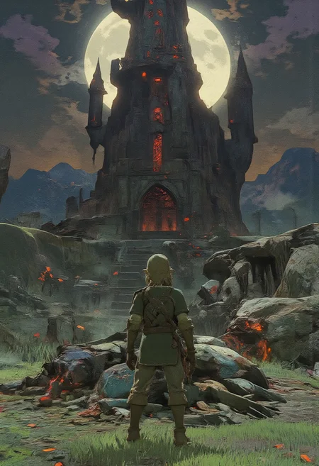 l3nk, link standing in front of a dungeon tower, zdst style, A mystical, epic fantasy landscape featuring a lone male knight (link) in a green tunic and cap and blond hair, he is holding the master sword and has the hylian shield on his back, standing on pile of goblin corpses, gazing at a massive, ancient dark tower floating above the ground. The tower is illuminated by the red glow of the rising moon, casting dramatic shadows and creating a dark, terrifying, ethereal atmosphere. In the background a smoking volcano is on the horizon under a dark ominous sky with harsh beams of fire piercing through. The ground is covered in dead grass, scattered with small evil flowers and fallen leaves dancing in the wind. High detail, cinematic lighting, epic fantasy aesthetic with a magical, serene vibe
, anime, cyberpunk