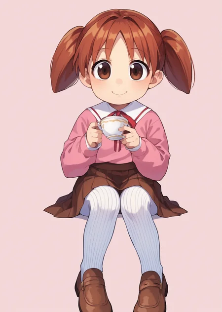score_9, score_8_up, score_7_up, score_6_up, source_anime, zPDXL, <lora:ALTXL_pony_0061_8:2>, BREAK
1girl, solo, <lora:Mihama_Chiyo_Chiyo-Chan:0.9> chiyo, twintails, Auburn hair, brown eyes, short twintails, little girl, child, sitting in a teacup, sipping tea with a smile, school uniform, brown loafers, brown skirt, pink shirt, red ribbon, neck ribbon, <lora:Cotton_Tights:1> ribbed tights, white tights,