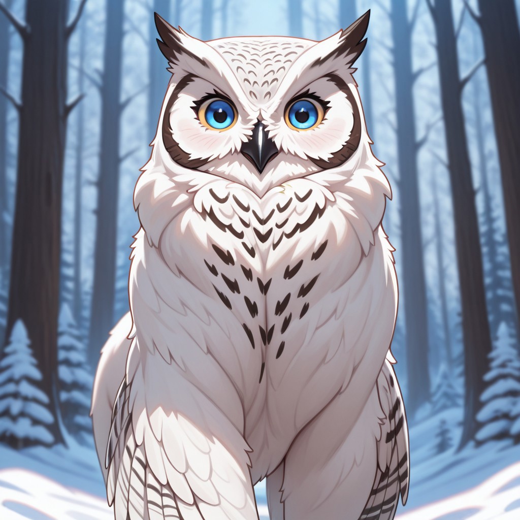 masterpiece, best quality, amazing quality, very aesthetic, solo, 
owlbear, feral, owl's head, bear's body,
1 female, white fur, blue eyes,
looking at the viewer, posing,
fantasy background, blurred background, snow forest,